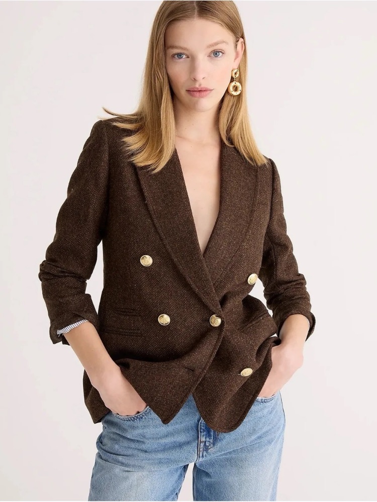 J Crew Bristol Hazelnut Herringbone Moon English Wool Double Breasted Blazer 18
